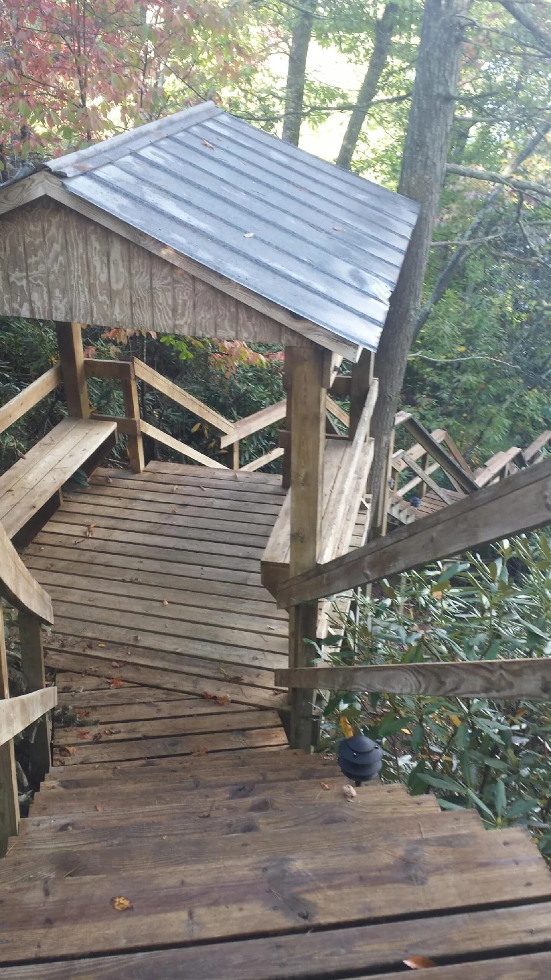 Metal roofed shelter over wooden steps on a wooded walkway — Skylight Repair & Installation work by our crew in Port Byron